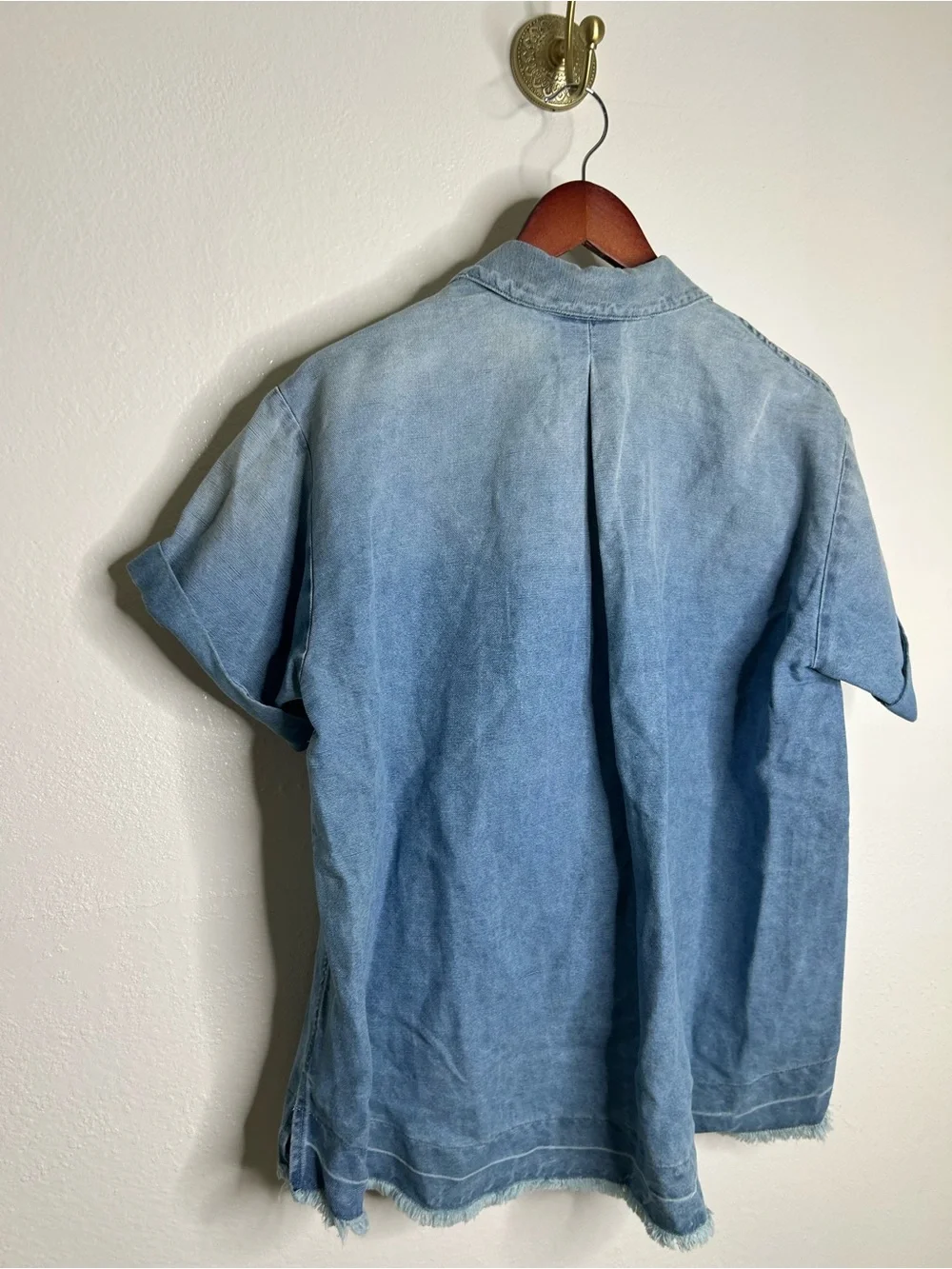 AG 100% Cotton Two Tone Denim Distressed Oversized Boxy Fit Popover Top - Picture 9 of 12